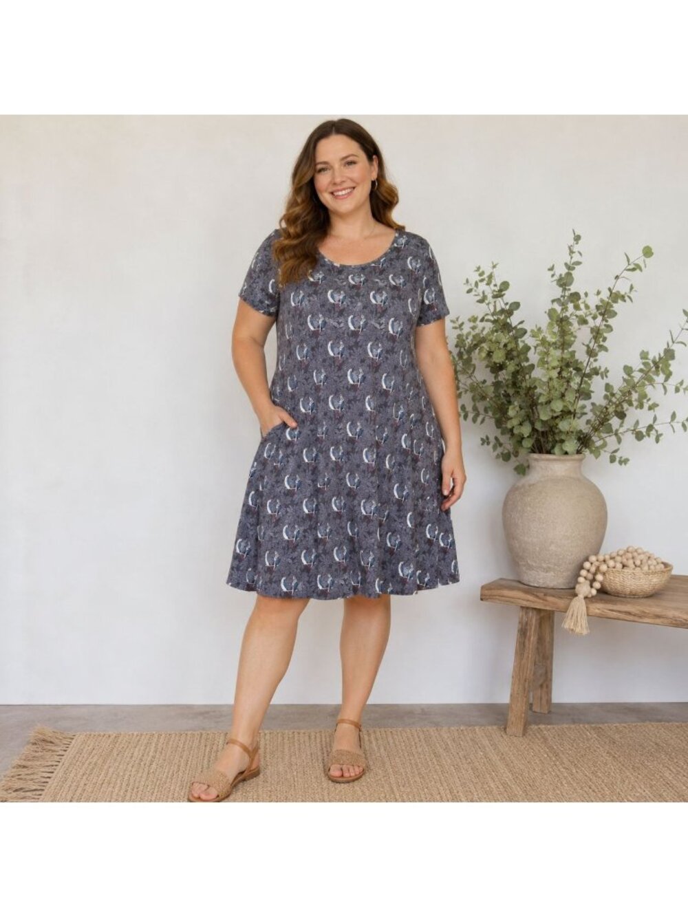 FatFace Simone Parakeet Bird Dress 12 Grey Whimsical Novelty Jersey Knit Comfort
